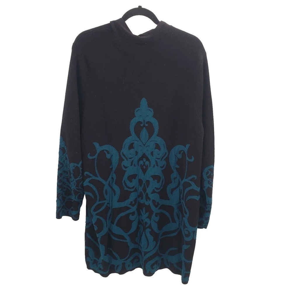 Chico's Scroll Print Sweater Cardigan Womens XL 3 Black Teal Blue Longline Tunic - Picture 4 of 12